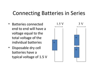 Connecting Batteries in Series
• Batteries connected
end to end will have a
voltage equal to the
total voltage of the
individual batteries
• Disposable dry cell
batteries have a
typical voltage of 1.5 V
+
+
+
1.5 V 3 V
 