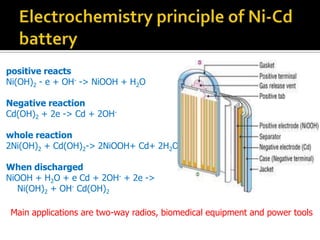 positive reacts
Ni(OH)2 - e + OH- -> NiOOH + H2O
Negative reaction
Cd(OH)2 + 2e -> Cd + 2OH-
whole reaction
2Ni(OH)2 + Cd(OH)2-> 2NiOOH+ Cd+ 2H2O
When discharged
NiOOH + H2O + e Cd + 2OH- + 2e ->
Ni(OH)2 + OH- Cd(OH)2
Main applications are two-way radios, biomedical equipment and power tools
 