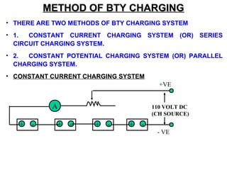 MMEETTHHOODD OOFF BBTTYY CCHHAARRGGIINNGG 
• THERE ARE TWO METHODS OF BTY CHARGING SYSTEM 
• 1. CONSTANT CURRENT CHARGING SYSTEM (OR) SERIES 
CIRCUIT CHARGING SYSTEM. 
• 2. CONSTANT POTENTIAL CHARGING SYSTEM (OR) PARALLEL 
CHARGING SYSTEM. 
• CONSTANT CURRENT CHARGING SYSTEM 
A 
+ - + - + - + - 
+VE 
110 VOLT DC 
(CH SOURCE) 
- VE 
 