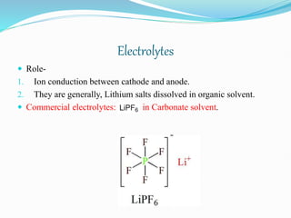 Electrolytes
 Role-
1. Ion conduction between cathode and anode.
2. They are generally, Lithium salts dissolved in organic solvent.
 Commercial electrolytes: in Carbonate solvent.
 
