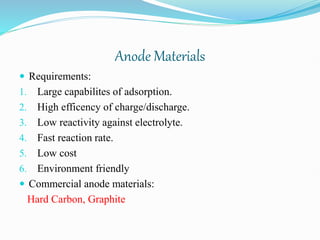 Anode Materials
 Requirements:
1. Large capabilites of adsorption.
2. High efficency of charge/discharge.
3. Low reactivity against electrolyte.
4. Fast reaction rate.
5. Low cost
6. Environment friendly
 Commercial anode materials:
Hard Carbon, Graphite
 