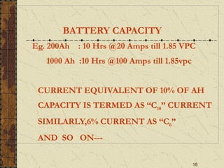 18
BATTERY CAPACITY
Eg. 200Ah : 10 Hrs @20 Amps till 1.85 VPC
1000 Ah :10 Hrs @100 Amps till 1.85vpc
CURRENT EQUIVALENT OF 10% OF AH
CAPACITY IS TERMED AS “C10” CURRENT
SIMILARLY,6% CURRENT AS “C6”
AND SO ON---
 