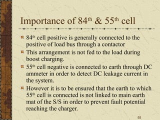 55
Importance of 84th
& 55th
cell
84th
cell positive is generally connected to the
positive of load bus through a contactor
This arrangement is not fed to the load during
boost charging.
55th
cell negative is connected to earth through DC
ammeter in order to detect DC leakage current in
the system.
However it is to be ensured that the earth to which
55th
cell is connected is not linked to main earth
mat of the S/S in order to prevent fault potential
reaching the charger.
 