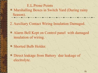 79
E.L.Prone Points
Marshalling Boxes in Switch Yard (During rainy
Season).
2. Auxiliary Contact Wiring Insulation Damaged.
Alarm Bell Kept on Control panel with damaged
insulation of wiring.
Shorted Bulb Holder.
Direct leakage from Battery due leakage of
electrolyte.
 