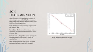 SOH
DETERMINATION
State of Health (SOH) is the ability of a cell to
store energy, source and sink high currents, and
retain charge over extended periods, relative to its
initial or nominal capabilities.
SOH of battery is characterized by its power fade
and capacity fade.
Power fade: - The loss of cell power due to an
increase in cell impedance during aging is known
as power fade.
Capacity fade: - The gradual loss of capacity of a
secondary battery with cycling is known as
capacity fade.
BMS maintains the data of SOH and can report
user when the battery needs to be replaced.
RUL prediction curve of cell
 