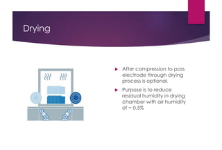 Drying
 After compression to pass
electrode through drying
process is optional.
 Purpose is to reduce
residual humidity in drying
chamber with air humidity
of ~ 0.5%
 