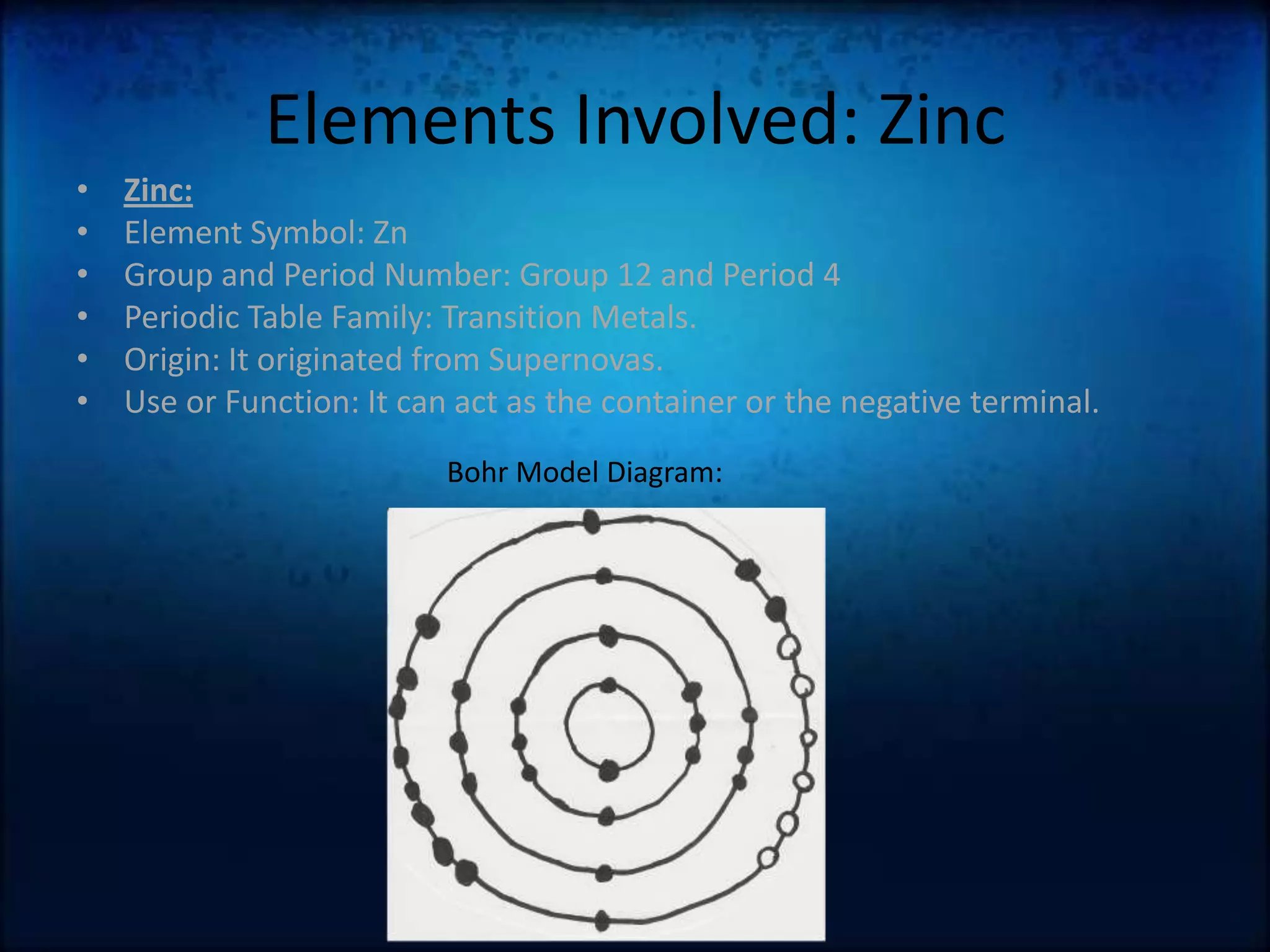 Elements Involved: ZincZinc:Element Symbol: ZnGroup and Period Number: Group 12 and Period 4Periodic Table Family: Transition Metals.Origin: It originated from Supernovas.Use or Function: It can act as the container or the negative terminal.Bohr Model Diagram: