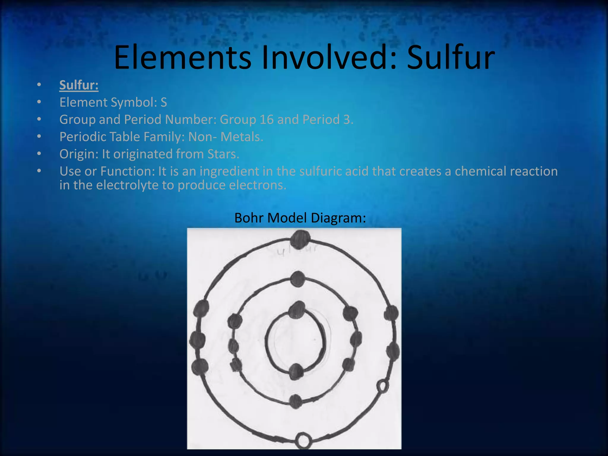 Elements Involved: SulfurSulfur:Element Symbol: SGroup and Period Number: Group 16 and Period 3.Periodic Table Family: Non- Metals.Origin: It originated from Stars.Use or Function: It is an ingredient in the sulfuric acid that creates a chemical reaction in the electrolyte to produce electrons.Bohr Model Diagram: