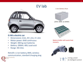 energy, power
& intelligent control
EV lab
24
Battery holder with waste heat
recovery
G-Wiz electric car
• DimensionsL 2.6m, W 1.3m, H 1.6m
• Motor power: 6kW continuous
• Weight: 400 kg excl batteries
• Battery: 200AH, 48V, Lead-acid
• Range: 48 miles
Retrofit: Li-ion battery, BMS, wireless
communication, standard charging plug
 