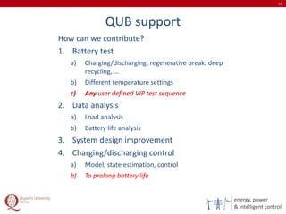 energy, power
& intelligent control
QUB support
How can we contribute?
1. Battery test
a) Charging/discharging, regenerative break; deep
recycling, …
b) Different temperature settings
c) Any user defined VIP test sequence
2. Data analysis
a) Load analysis
b) Battery life analysis
3. System design improvement
4. Charging/discharging control
a) Model, state estimation, control
b) To prolong battery life
32
 