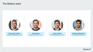 This presentation includes proprietary information of Battery Ventures
The Battery team
3
Dharmesh Thakker
dharmesh@battery.com
Jason Mendel
jmendel@battery.com
Sudhee Chilappagari
sudhee@battery.com
Danel Dayan
ddayan@battery.com
 