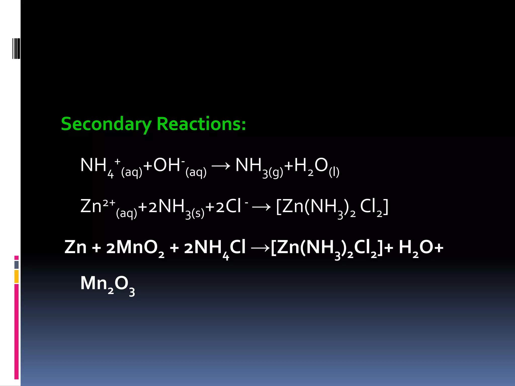 Secondary Reactions:
NH4
+
(aq)+OH-
(aq) → NH3(g)+H2O(l)
Zn2+
(aq)+2NH3(s)+2Cl- → [Zn(NH3)2 Cl2]
Zn + 2MnO2 + 2NH4Cl →[Zn(NH3)2Cl2]+ H2O+
Mn2O3
 