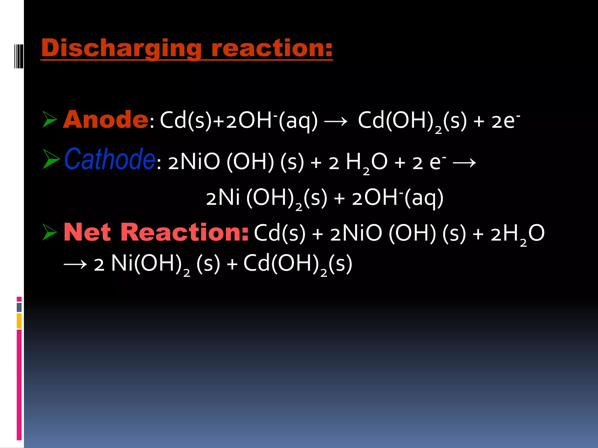 Discharging reaction:
 Anode: Cd(s)+2OH-(aq) → Cd(OH)2(s) + 2e-
Cathode: 2NiO (OH) (s) + 2 H2O + 2 e- →
2Ni (OH)2(s) + 2OH-(aq)
 Net Reaction: Cd(s) + 2NiO (OH) (s) + 2H2O
→ 2 Ni(OH)2 (s) + Cd(OH)2(s)
 