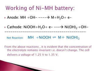  Anode: MH +OH- ---- M+H2O+ e-
 Cathode: NiOOH+H2O+ e- --- Ni(OH)2 +OH-
----------------------------------------
Net Reaction: MH +NiOOH ⇌ M+ Ni(OH)2
From the above reactions , it is evident that the concentration of
the electrolyte remains invariant i.e. doesn’t change. The cell
delivers a voltage of 1.25 V to 1.35 V.
 