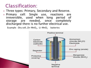  Three types: Primary, Secondary and Reserve.
 Primary cell: Single use, reactions are
irreversible, used when long period of
storage are needed, once completely
discharged there is no further electrical use.
Example : Dry cell, Zn-MnO2, Li-MnO2 batteries
 