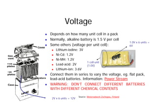 Voltage
„ Depends on how many unit cell in a pack
„ Normally, alkaline battery is 1.5 V per cell
1.0V x 6 units =
„ Some others (voltage per unit cell):
„ Lithium-iodine: 3V
„ Ni-Cd: 1.2V
1.0V x 6 units
6V
„ Ni Cd: 1.2V
„ Ni-MH: 1.2V
„ Lead-acid: 2V
Lithi i 3 6V
1 cell unit
(1.0V)
„ Lithium-ion: 3.6V
„ Connect them in series to vary the voltage, eg. flat pack,
lead-acid batteries. Information: Power Stream
„ WARNING: DON’T CONNECT DIFFERENT BATTERIES
WITH DIFFERENT CHEMICAL CONTENTS
2V x 6 units = 12V
Source: Motorradwerk Zschopau, Finland
 