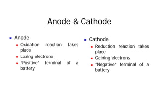 Anode & Cathode
„ Anode
O id ti ti t k
„ Cathode
„ Oxidation reaction takes
place
Losing electrons
„ Reduction reaction takes
place
„ Losing electrons
„ “Positive” terminal of a
battery
„ Gaining electrons
„ “Negative” terminal of a
b tt
battery battery
 