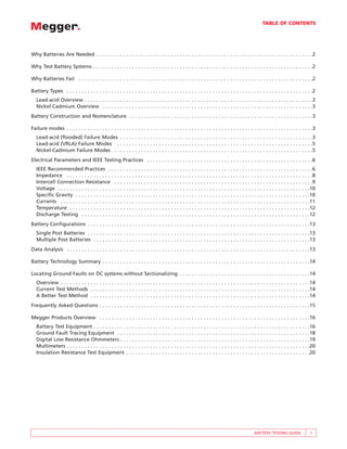 TABLE OF CONTENTS




Why Batteries Are Needed . . . . . . . . . . . . . . . . . . . . . . . . . . . . . . . . . . . . . . . . . . . . . . . . . . . . . . . . . . . . . . . . . . . . . . . . .2

Why Test Battery Systems . . . . . . . . . . . . . . . . . . . . . . . . . . . . . . . . . . . . . . . . . . . . . . . . . . . . . . . . . . . . . . . . . . . . . . . . . .2

Why Batteries Fail . . . . . . . . . . . . . . . . . . . . . . . . . . . . . . . . . . . . . . . . . . . . . . . . . . . . . . . . . . . . . . . . . . . . . . . . . . . . . . .2

Battery Types . . . . . . . . . . . . . . . . . . . . . . . . . . . . . . . . . . . . . . . . . . . . . . . . . . . . . . . . . . . . . . . . . . . . . . . . . . . . . . . . . . .2
   Lead-acid Overview . . . . . . . . . . . . . . . . . . . . . . . . . . . . . . . . . . . . . . . . . . . . . . . . . . . . . . . . . . . . . . . . . . . . . . . . . . . . .3
   Nickel-Cadmium Overview . . . . . . . . . . . . . . . . . . . . . . . . . . . . . . . . . . . . . . . . . . . . . . . . . . . . . . . . . . . . . . . . . . . . . . .3
Battery Construction and Nomenclature . . . . . . . . . . . . . . . . . . . . . . . . . . . . . . . . . . . . . . . . . . . . . . . . . . . . . . . . . . . . . .3

Failure modes . . . . . . . . . . . . . . . . . . . . . . . . . . . . . . . . . . . . . . . . . . . . . . . . . . . . . . . . . . . . . . . . . . . . . . . . . . . . . . . . . . .3
   Lead-acid (flooded) Failure Modes . . . . . . . . . . . . . . . . . . . . . . . . . . . . . . . . . . . . . . . . . . . . . . . . . . . . . . . . . . . . . . . . .3
   Lead-acid (VRLA) Failure Modes . . . . . . . . . . . . . . . . . . . . . . . . . . . . . . . . . . . . . . . . . . . . . . . . . . . . . . . . . . . . . . . . . .5
   Nickel-Cadmium Failure Modes . . . . . . . . . . . . . . . . . . . . . . . . . . . . . . . . . . . . . . . . . . . . . . . . . . . . . . . . . . . . . . . . . . .5
Electrical Parameters and IEEE Testing Practices . . . . . . . . . . . . . . . . . . . . . . . . . . . . . . . . . . . . . . . . . . . . . . . . . . . . . . . .6
   IEEE Recommended Practices . . . . . . . . . . . . . . . . . . . . . . . . . . . . . . . . . . . . . . . . . . . . . . . . . . . . . . . . . . . . . . . . . . . . .6
   Impedance . . . . . . . . . . . . . . . . . . . . . . . . . . . . . . . . . . . . . . . . . . . . . . . . . . . . . . . . . . . . . . . . . . . . . . . . . . . . . . . . . . .8
   Intercell Connection Resistance . . . . . . . . . . . . . . . . . . . . . . . . . . . . . . . . . . . . . . . . . . . . . . . . . . . . . . . . . . . . . . . . . . .9
   Voltage . . . . . . . . . . . . . . . . . . . . . . . . . . . . . . . . . . . . . . . . . . . . . . . . . . . . . . . . . . . . . . . . . . . . . . . . . . . . . . . . . . . . .10
   Specific Gravity . . . . . . . . . . . . . . . . . . . . . . . . . . . . . . . . . . . . . . . . . . . . . . . . . . . . . . . . . . . . . . . . . . . . . . . . . . . . . . .10
   Currents . . . . . . . . . . . . . . . . . . . . . . . . . . . . . . . . . . . . . . . . . . . . . . . . . . . . . . . . . . . . . . . . . . . . . . . . . . . . . . . . . . . .11
   Temperature . . . . . . . . . . . . . . . . . . . . . . . . . . . . . . . . . . . . . . . . . . . . . . . . . . . . . . . . . . . . . . . . . . . . . . . . . . . . . . . . .12
   Discharge Testing . . . . . . . . . . . . . . . . . . . . . . . . . . . . . . . . . . . . . . . . . . . . . . . . . . . . . . . . . . . . . . . . . . . . . . . . . . . . .12
Battery Configurations . . . . . . . . . . . . . . . . . . . . . . . . . . . . . . . . . . . . . . . . . . . . . . . . . . . . . . . . . . . . . . . . . . . . . . . . . . .13
   Single Post Batteries . . . . . . . . . . . . . . . . . . . . . . . . . . . . . . . . . . . . . . . . . . . . . . . . . . . . . . . . . . . . . . . . . . . . . . . . . . .13
   Multiple Post Batteries . . . . . . . . . . . . . . . . . . . . . . . . . . . . . . . . . . . . . . . . . . . . . . . . . . . . . . . . . . . . . . . . . . . . . . . . .13
Data Analysis . . . . . . . . . . . . . . . . . . . . . . . . . . . . . . . . . . . . . . . . . . . . . . . . . . . . . . . . . . . . . . . . . . . . . . . . . . . . . . . . . .13

Battery Technology Summary . . . . . . . . . . . . . . . . . . . . . . . . . . . . . . . . . . . . . . . . . . . . . . . . . . . . . . . . . . . . . . . . . . . . . .14

Locating Ground Faults on DC systems without Sectionalizing . . . . . . . . . . . . . . . . . . . . . . . . . . . . . . . . . . . . . . . . . . . .14
   Overview . . . . . . . . . . . . . . . . . . . . . . . . . . . . . . . . . . . . . . . . . . . . . . . . . . . . . . . . . . . . . . . . . . . . . . . . . . . . . . . . . . . .14
   Current Test Methods . . . . . . . . . . . . . . . . . . . . . . . . . . . . . . . . . . . . . . . . . . . . . . . . . . . . . . . . . . . . . . . . . . . . . . . . . .14
   A Better Test Method . . . . . . . . . . . . . . . . . . . . . . . . . . . . . . . . . . . . . . . . . . . . . . . . . . . . . . . . . . . . . . . . . . . . . . . . . .14
Frequently Asked Questions . . . . . . . . . . . . . . . . . . . . . . . . . . . . . . . . . . . . . . . . . . . . . . . . . . . . . . . . . . . . . . . . . . . . . . .15

Megger Products Overview . . . . . . . . . . . . . . . . . . . . . . . . . . . . . . . . . . . . . . . . . . . . . . . . . . . . . . . . . . . . . . . . . . . . . . .16
   Battery Test Equipment . . . . . . . . . . .             .   .   .   .   .   .   .   .   .   .   .   .   .   .   .   .   .   .   .   .   .   .   .   .   .   .   .   .   .   .   .   .   .   .   .   .   .   .   .   .   .   .   .   .   .   .   .   .   .   .   .   .   .   .   .   .   .   .   .   .   .   .16
   Ground Fault Tracing Equipment . . .                     .   .   .   .   .   .   .   .   .   .   .   .   .   .   .   .   .   .   .   .   .   .   .   .   .   .   .   .   .   .   .   .   .   .   .   .   .   .   .   .   .   .   .   .   .   .   .   .   .   .   .   .   .   .   .   .   .   .   .   .   .   .18
   Digital Low Resistance Ohmmeters . .                     .   .   .   .   .   .   .   .   .   .   .   .   .   .   .   .   .   .   .   .   .   .   .   .   .   .   .   .   .   .   .   .   .   .   .   .   .   .   .   .   .   .   .   .   .   .   .   .   .   .   .   .   .   .   .   .   .   .   .   .   .   .19
   Multimeters . . . . . . . . . . . . . . . . . . . .      .   .   .   .   .   .   .   .   .   .   .   .   .   .   .   .   .   .   .   .   .   .   .   .   .   .   .   .   .   .   .   .   .   .   .   .   .   .   .   .   .   .   .   .   .   .   .   .   .   .   .   .   .   .   .   .   .   .   .   .   .   .20
   Insulation Resistance Test Equipment                     .   .   .   .   .   .   .   .   .   .   .   .   .   .   .   .   .   .   .   .   .   .   .   .   .   .   .   .   .   .   .   .   .   .   .   .   .   .   .   .   .   .   .   .   .   .   .   .   .   .   .   .   .   .   .   .   .   .   .   .   .   .20




                                                                                                                                                                                                                                        BATTERY TESTING GUIDE                                                   1
 