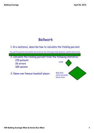 Batting Average                                                                              April 03, 2012




                                            Bellwork
      1. In a sentence, describe how to calculate the fielding percent.
     You add the putouts and assists and divide by the total plays made (putouts, assists and errors).


      2. Calculate the fielding percent from the following statistics:
           215 putouts
                                                   0.940
           26 errors
           189 assists

                                                                    Babe Ruth
      3. Name one famous baseball player.
                                                                    Justin Verlander
                                                                    Derek Jeter




HW Batting Average Wkst & Home Run Wkst                                                                       1
 