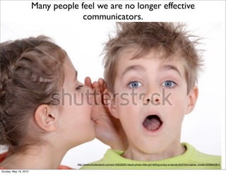 http://www.shutterstock.com/pic-93026281/stock-photo-little-girl-telling-a-boy-a-secret.html?src=same_model-92088428-5
Many people feel we are no longer effective
communicators.
Sunday, May 19, 2013
 