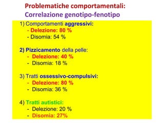 Problematiche comportamentali: 
Correlazione genotipo-fenotipo 
1) Comportamenti aggressivi: 
- Delezione: 80 % 
- Disomia...