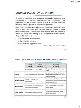 • Introduction
• Theoretical background
• Research strategy
• Proposal of a methodology for business
ecosystem analysis
• Field study
• Discussion and conclusions
Agenda
November 24h 2014, Paris 2DATA conference
 