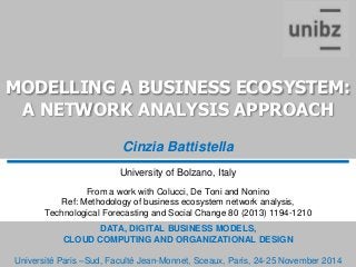 DATA, DIGITAL BUSINESS MODELS,
CLOUD COMPUTING AND ORGANIZATIONAL DESIGN
Université Paris –Sud, Faculté Jean-Monnet, Sceaux, Paris, 24-25 November 2014
Cinzia Battistella
MODELLING A BUSINESS ECOSYSTEM:
A NETWORK ANALYSIS APPROACH
University of Bolzano, Italy
From a work with Colucci, De Toni and Nonino
Ref: Methodology of business ecosystem network analysis,
Technological Forecasting and Social Change 80 (2013) 1194-1210
 