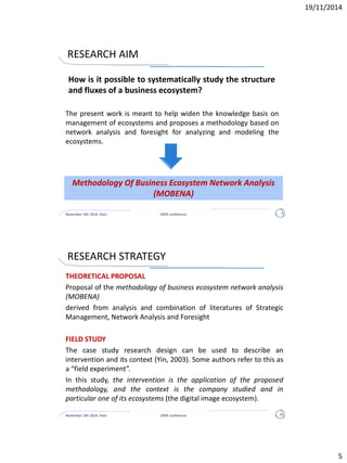 UNDERSTANDING THE ECOSYSTEM
Static view - shape and behaviour pattern:
• Architecture: ecosystem components and technological, organizational and
product boundaries
• Integration: relationships and collaborations among companies
• Market management: transitions and balance of power that guarantees their
existence
Dynamic view:
• understanding how it can evolve by monitoring the evolutionary trends with all
the variables involved
November 24h 2014, Paris DATA conference 5
Need of methodologies to help companies in analysing and
monitoring their ecosystems from a static and dynamic point of view,
and investigating how it can potentially impact their businesses.
 