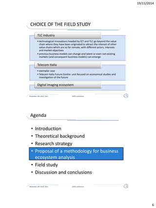 • Introduction
• Theoretical background
• Research strategy
• Proposal of a methodology for business
ecosystem analysis
• Field study
• Discussion and conclusions
Agenda
November 24h 2014, Paris 6DATA conference
 