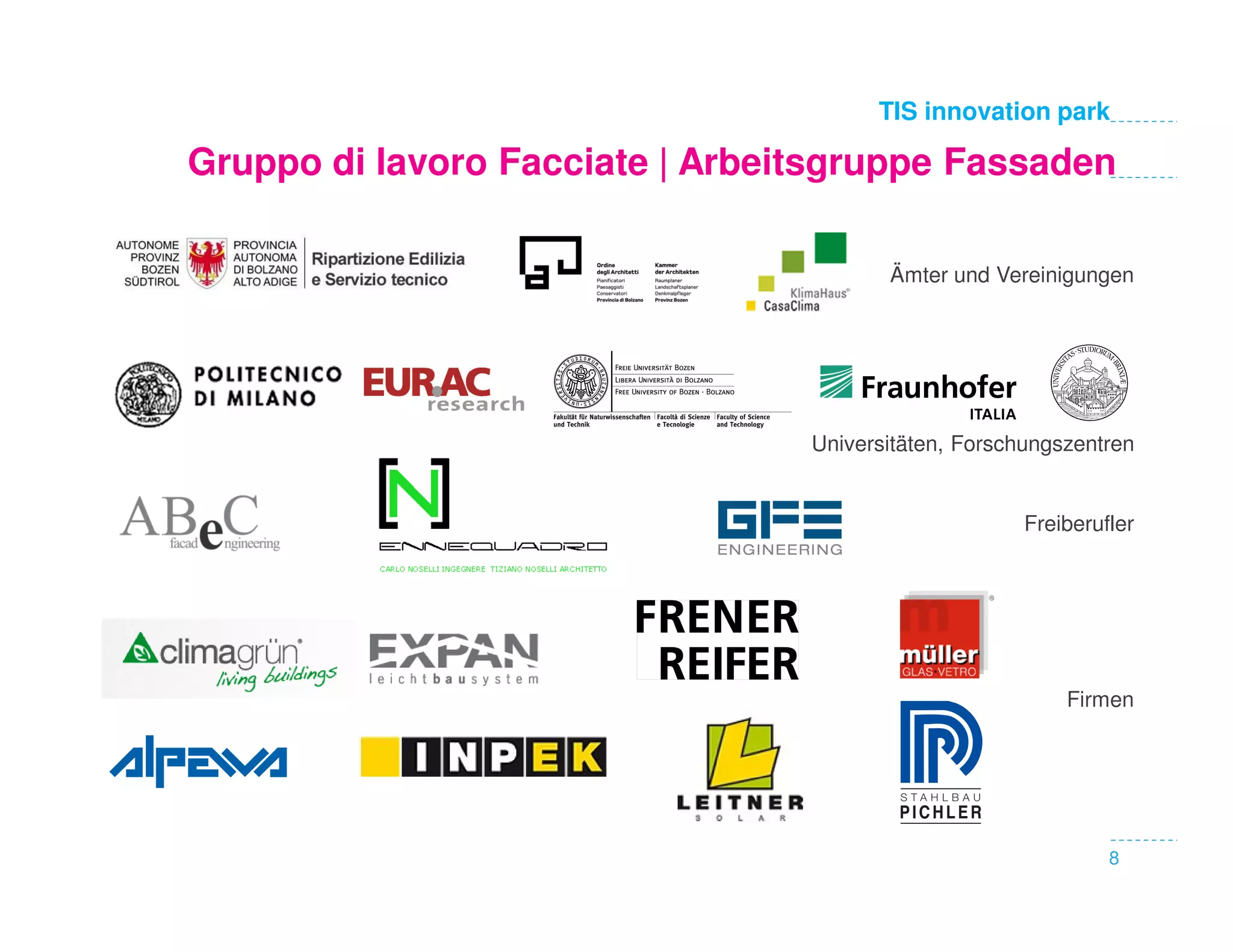 TIS innovation park

Gruppo di lavoro Facciate | Arbeitsgruppe Fassaden

                                        Ämter und Vereinigungen




                                 Universitäten, Forschungszentren


                                                      Freiberufler




                                                          Firmen




                                                               8
 