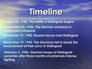 Timeline August 25, 1942- The Battle of Stalingrad begins November 19, 1942- Russian forces hold Stalingrad February 2, 1943- German troops at Stalingrad surrender after three months of extremely intense fighting September 23, 1942- The German advance in Stalingrad is stopped. December 19, 1942- The Germans fail to break the encirclement of their army in Stalingrad 
