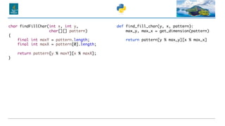 char findFillChar(int x, int y,
char[][] pattern)
{
final int maxY = pattern.length;
final int maxX = pattern[0].length;
return pattern[y % maxY][x % maxX];
}
def find_fill_char(y, x, pattern):
max_y, max_x = get_dimension(pattern)
return pattern[y % max_y][x % max_x]
 