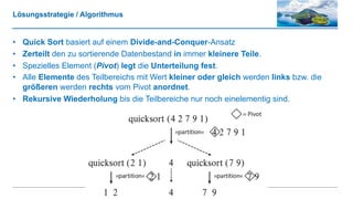 Lösungsstrategie / Algorithmus
• Quick Sort basiert auf einem Divide-and-Conquer-Ansatz
• Zerteilt den zu sortierende Datenbestand in immer kleinere Teile.
• Spezielles Element (Pivot) legt die Unterteilung fest.
• Alle Elemente des Teilbereichs mit Wert kleiner oder gleich werden links bzw. die
größeren werden rechts vom Pivot anordnet.
• Rekursive Wiederholung bis die Teilbereiche nur noch einelementig sind.
 