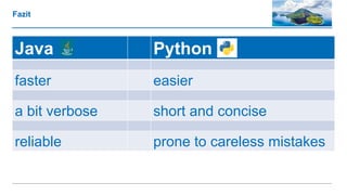 Fazit
Java Python
faster easier
a bit verbose short and concise
reliable prone to careless mistakes
 