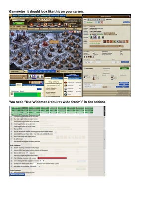 Gamewise it should look like this on your screen.
You need “Use WideMap (requires wide screen)” in bot options
 