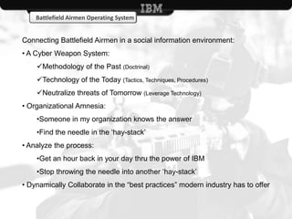 Battlefield Airmen Operating System


Connecting Battlefield Airmen in a social information environment:
• A Cyber Weapon System:
    Methodology of the Past (Doctrinal)
    Technology of the Today (Tactics, Techniques, Procedures)
    Neutralize threats of Tomorrow (Leverage Technology)
• Organizational Amnesia:
    •Someone in my organization knows the answer
    •Find the needle in the „hay-stack‟
• Analyze the process:
    •Get an hour back in your day thru the power of IBM
    •Stop throwing the needle into another „hay-stack‟
• Dynamically Collaborate in the “best practices” modern industry has to offer
 