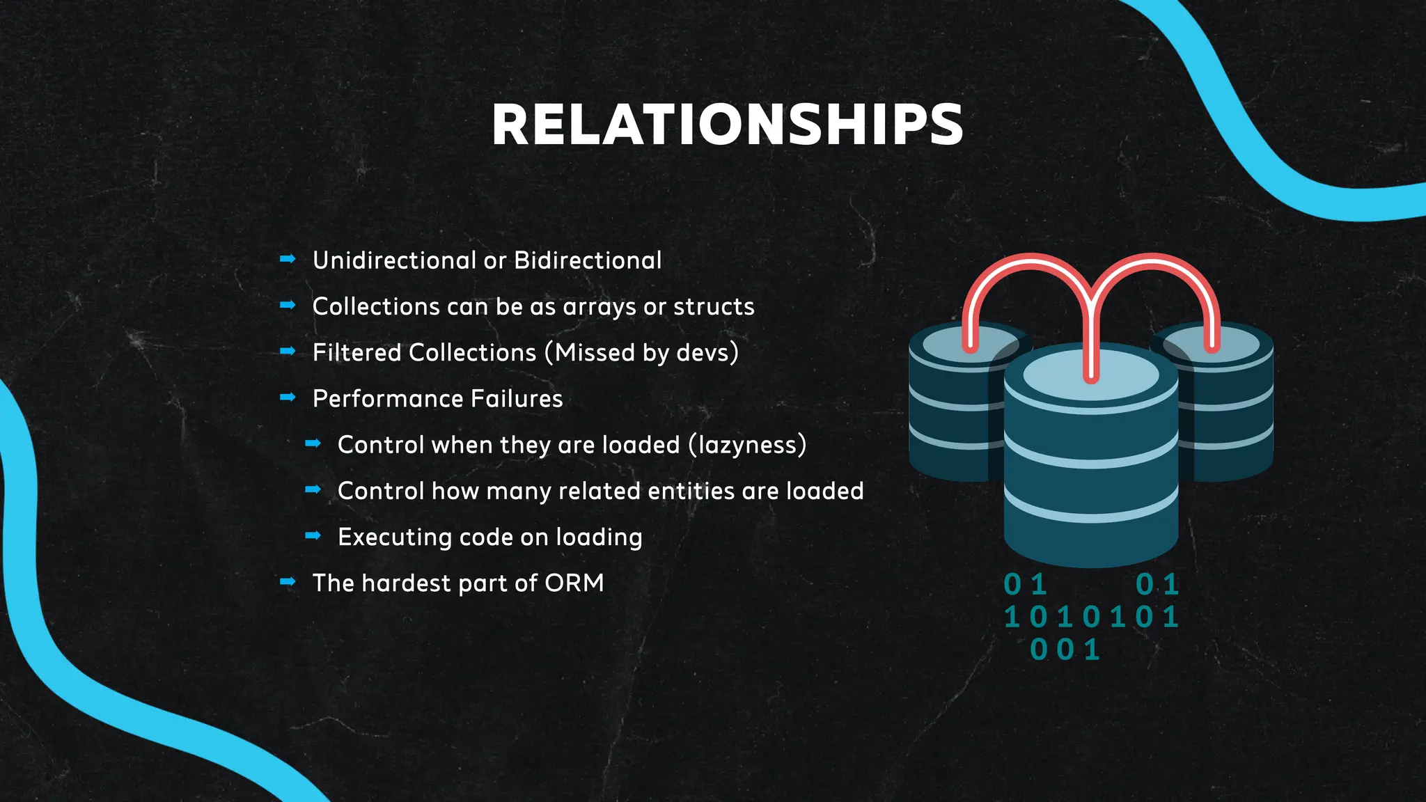 ➡ Unidirectional or Bidirectional
➡ Collections can be as arrays or structs
➡ Filtered Collections (Missed by devs)
➡ Performance Failures
➡ Control when they are loaded (lazyness)
➡ Control how many related entities are loaded
➡ Executing code on loading
➡ The hardest part of ORM
RELATIONSHIPS
 