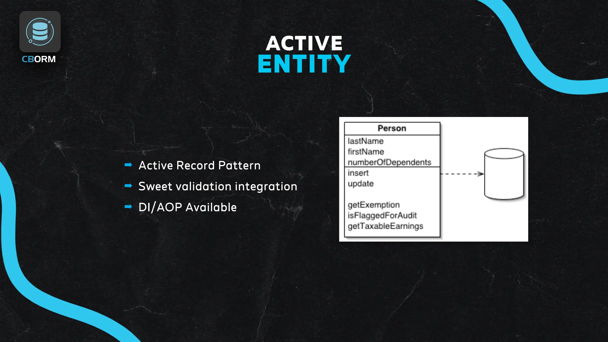 ➡ Active Record Pattern
➡ Sweet validation integration
➡ DI/AOP Available
ACTIVE
ENTITY
 