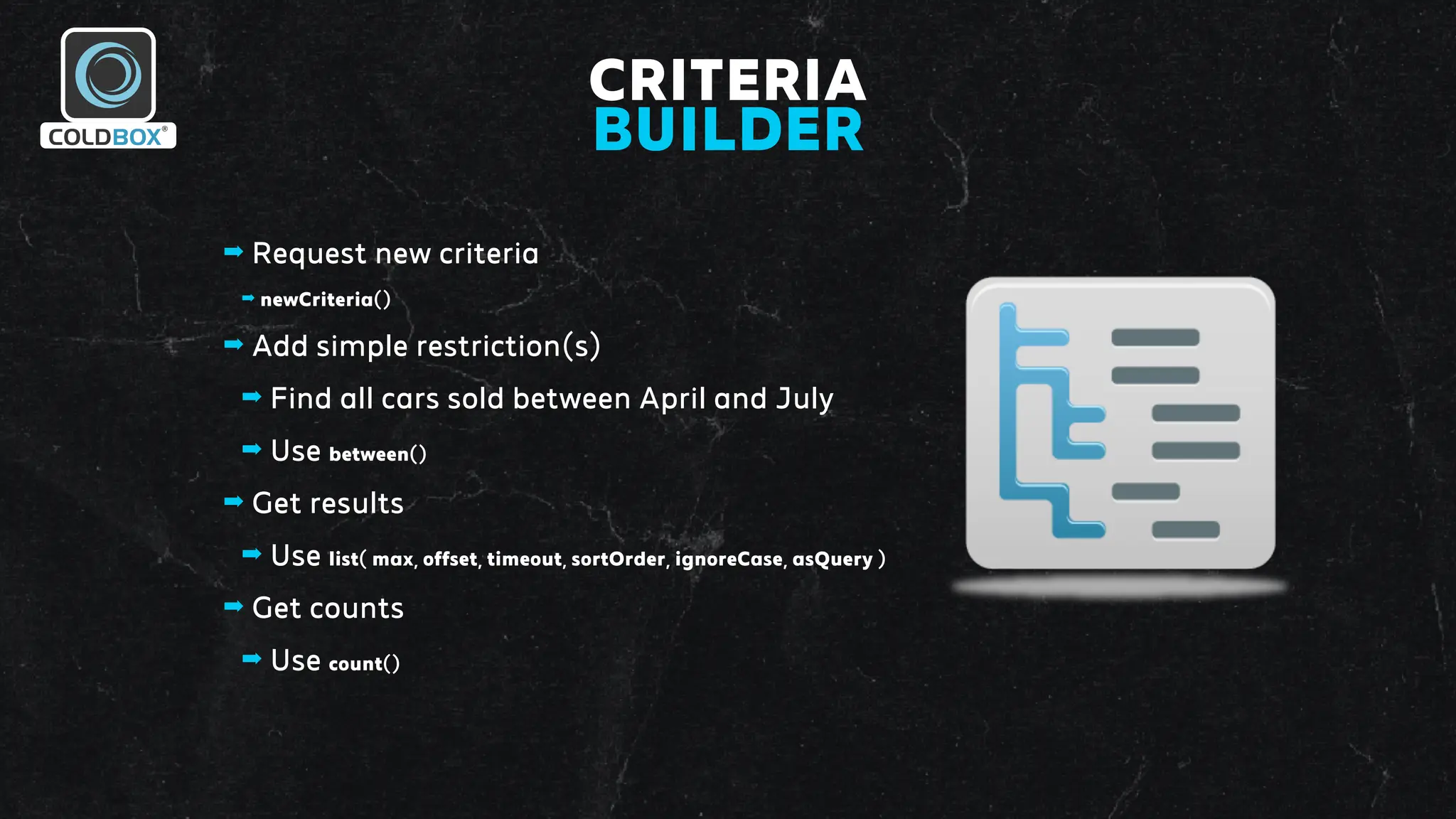 CRITERIA
BUILDER
➡ Request new criteria
➡ newCriteria()
➡ Add simple restriction(s)
➡ Find all cars sold between April and July
➡ Use between()
➡ Get results
➡ Use list( max, offset, timeout, sortOrder, ignoreCase, asQuery )
➡ Get counts
➡ Use count()
 