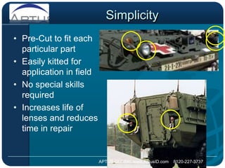 SimplicityPre-Cut to fit each particular partEasily kitted for application in fieldNo special skills requiredIncreases life of lenses and reduces time in repairAPTUS GLOBAL www.AptusID.com    8120-227-3737 