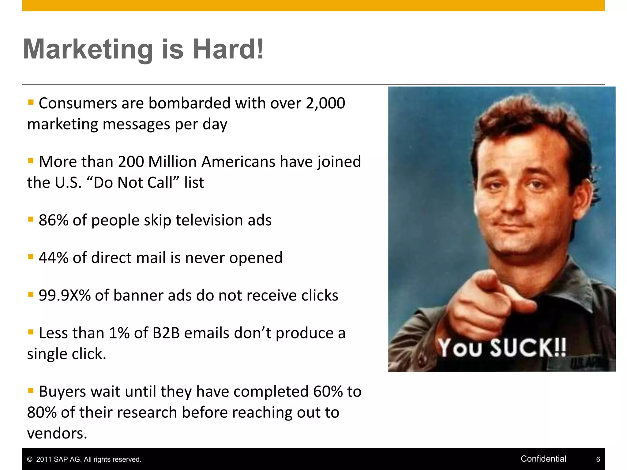 Marketing is Hard!
 Consumers are bombarded with over 2,000
marketing messages per day

 More than 200 Million Americans have joined
the U.S. “Do Not Call” list

 86% of people skip television ads

 44% of direct mail is never opened

 99.9X% of banner ads do not receive clicks

 Less than 1% of B2B emails don’t produce a
single click.

 Buyers wait until they have completed 60% to
80% of their research before reaching out to
vendors.
© 2011 SAP AG. All rights reserved.              Confidential   6
 