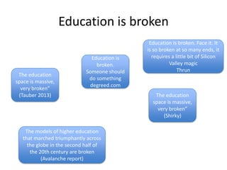 Education is broken
The education
space is massive,
very broken”
(Tauber 2013)
Education is broken. Face it. It
is so brok...