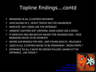 Topline findings….contd BRANDING IN ALL 3 CENTRES DIFFERENT  HAIR SALONS IN 2 , HEAVY TRAFFIC BUT NO AWARENESS  MERCATO  EXIT LOOKS LIKE THE ENTRANCE  AMBIENT LIGHTING NOT UNIFORM, OASIS LOOKS LIKE A DISCO  IF MERCATO AND IBN BATUTA MEANT FOR YOUNGER KIDS , THEN BRANDING NEEDS TO BE SEPARATE  MAYBE SUB BRANDS FOR KIDS , AND YOUNG ADULTS : RELAUNCH  LOGO IN ALL 3 CENTRES NEEDS TO BE PROMINENT : NEON STRIPS ?  ENTRANCE TO ALL 3 MUST BE CROWD PULLERS: GAMES AT THE ENTRANCE , LIKE VEGAS ? 
