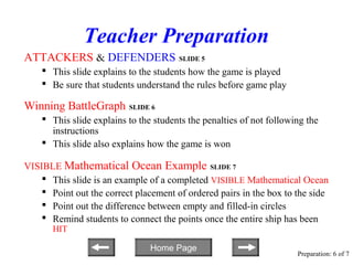 Teacher Preparation
ATTACKERS & DEFENDERS SLIDE 5
     This slide explains to the students how the game is played
     Be sure that students understand the rules before game play

Winning BattleGraph SLIDE 6
     This slide explains to the students the penalties of not following the
      instructions
     This slide also explains how the game is won

VISIBLE Mathematical Ocean Example SLIDE 7
     This slide is an example of a completed VISIBLE Mathematical Ocean
     Point out the correct placement of ordered pairs in the box to the side
     Point out the difference between empty and filled-in circles
     Remind students to connect the points once the entire ship has been
       HIT

                                Home Page
                                                                      Preparation: 6 of 7
 