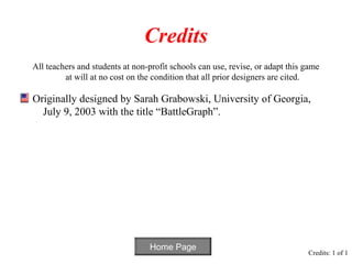 Credits
All teachers and students at non-profit schools can use, revise, or adapt this game
         at will at no cost on the condition that all prior designers are cited.

Originally designed by Sarah Grabowski, University of Georgia,
  July 9, 2003 with the title “BattleGraph”.




                                 Home Page
                                                                               Credits: 1 of 1
 