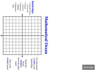 Home Page
                      Use this board
                      to HIDE your
Battleships            battleships.
 1 Aircraft Carrier
    (AAAAA)
 1 Cruiser              Keep this
    (CCCC)               board
 1 Destroyer            HIDDEN
    (DDD)             from the other
 1 Submarine              team!
    (SS)
                       This is the
                      INSIDE board.
 