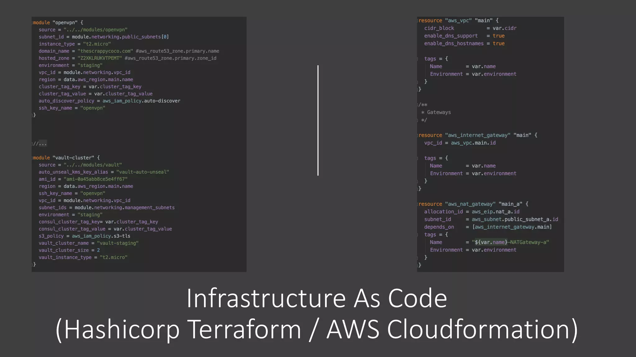 Infrastructure As Code
(Hashicorp Terraform / AWS Cloudformation)