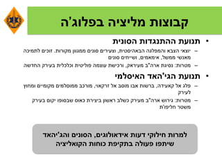 ‫מליציה‬ ‫קבוצות‬‫בפלוג‬'‫ה‬
•‫הסונית‬ ‫ההתנגדות‬ ‫תנועת‬
–‫הבאהיסטית‬ ‫והמפלגה‬ ‫הצבא‬ ‫יוצאי‬,‫מקורות‬ ‫ממגוון‬ ‫סונים‬ ‫וצעירים‬.‫לתמיכה‬ ‫זוכים‬
‫ממשל‬ ‫מאנשי‬,‫אימאמים‬,‫סונים‬ ‫ושייחים‬
–‫מטרות‬:‫ארה‬ ‫נסיגת‬"‫מעיראק‬ ‫ב‬,‫החדשה‬ ‫בעירק‬ ‫וכלכלית‬ ‫פוליטית‬ ‫עוצמה‬ ‫ורכישת‬
•‫הגי‬ ‫תנועת‬'‫האיסלמי‬ ‫האד‬
–‫קאעידה‬ ‫אל‬ ‫פלג‬,‫זרקאוי‬ ‫אל‬ ‫מוסב‬ ‫אבו‬ ‫ברשות‬,‫ומחוץ‬ ‫מקומיים‬ ‫ממוסלמים‬ ‫מורכב‬
‫לעירק‬
–‫מטרות‬:‫ארה‬ ‫גירוש‬"‫בעירק‬ ‫יקום‬ ‫שבסופו‬ ‫כאוס‬ ‫ביצירת‬ ‫ראשון‬ ‫כשלב‬ ‫מעירק‬ ‫ב‬
‫חליפו‬ ‫משטר‬'‫ת‬
‫אידאולוגים‬ ‫דעות‬ ‫חילוקי‬ ‫למרות‬,‫והג‬ ‫הסונים‬'‫יהאד‬
‫הקואליציה‬ ‫כוחות‬ ‫בתקיפת‬ ‫פעולה‬ ‫שיתפו‬
 