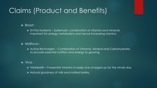 Claims (Product and Benefits)
 Boost :
 EnVita Nutrients – Systematic combination of vitamins and minerals
important for energy metabolism and hence increasing stamina
 Maltova :
 Active Rechargers – Combination of Vitamnis, Mineral and Carbohydrates
to provide essential nutrition and energy to growing
 Viva :
 VitaHealth – 9 essential vitamins to keep one charged up for the whole day
 Natural goodness of milk and malted barley
 