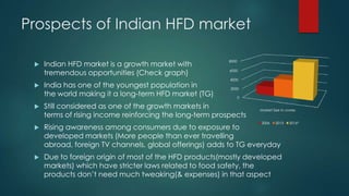 Prospects of Indian HFD market
 Indian HFD market is a growth market with
tremendous opportunities (Check graph)
 India has one of the youngest population in
the world making it a long-term HFD market (TG)
 Still considered as one of the growth markets in
terms of rising income reinforcing the long-term prospects
 Rising awareness among consumers due to exposure to
developed markets (More people than ever travelling
abroad, foreign TV channels, global offerings) adds to TG everyday
 Due to foreign origin of most of the HFD products(mostly developed
markets) which have stricter laws related to food safety, the
products don‟t need much tweaking(& expenses) in that aspect
0
2000
4000
6000
8000
Market Size in crores
2006 2013 2016*
 